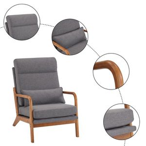 Poltrona Relax da Interno in Legno Massello con Schienale Alto e Struttura in Ferro, Rivestimento in Lino Grigio Scuro, Reclinabile Manualmente per Soggiorno - Product Image 2