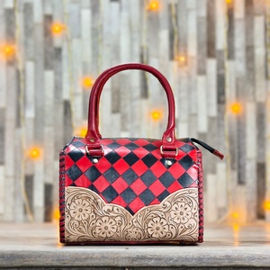 Luxury Genuine Leather <b>Medium</b> Size Speedy <b>Handbag</b> Red Black Checkerboard Floral Embroidery Lightweight Large Capacity Travel - Product Image 2