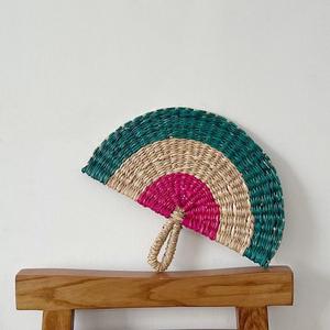 ethnic design dark green beige and <b>pink</b> woven seagrass hand <b>fan</b> artisan made cooling prop for outdoor weddings and summer gather - Product Image 2