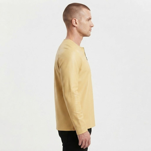 Long Sleeve T-Shirt Quarter Zip Casual Slim Fit Crew Neck Leather Top Chest Pocket Soft Premium Leather Fashion Wear Custom <b>Logo</b> - Product Image 4