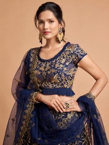 Navy Blue Thread Embroidered Net A-Line <b>Lehenga</b> Choli Semi-Stitched Polyester/Cotton Party Wedding Outfit with Dupatta - Product Image 2