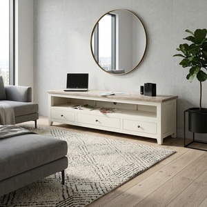 Meuble de salon en bois massif, buffet moderne style farmhouse, credenza bicolore avec base blanche et 3 tiroirs, meuble de rangement multimédia - Product Image 3