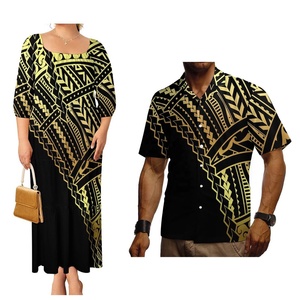 Ensemble polynésien de luxe : Robe ample à volants pour femme (grandes tailles) et chemisier décontracté pour homme, motifs de tatouages polynésiens et samoans - Product Image 1