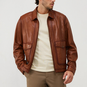 Veste en cuir marron pour homme, col rabattu, fermeture éclair, style décontracté, pour l'automne, manches classiques, couleur unie - Product Image 1