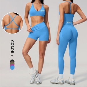 Conjunto de Yoga Azul de 2 Piezas, Cuello en V Profundo, Tirantes Ajustables Cruzados, Pantalones Cortos de Cintura Alta, Sin Costuras, de Spandex y Nailon, a Cuadros, para Entrenamiento y Gimnasio - Product Image 1