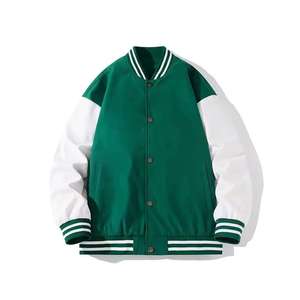 Veste varsity pour homme, couleur verte et blanche, coupe classique, col rabattu, fermeture à boutons, style décontracté d'automne - Product Image 1