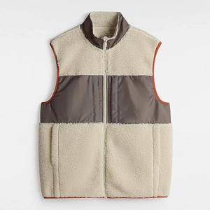 Men's Plus Size Cream Stand Collar <b>Zippered</b> <b>Fleece</b> Vest Casual Autumn Outerwear Solid Color Block Design Regular Length - Product Image 1