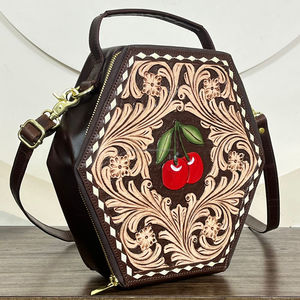 Brand New 2026 Crossbody <b>Bag</b> Coffin Shaped Leather Handmade Tooled Genuine Cow Leather Cherry Purse Vintage Cowgirl Handbags - Product Image 4