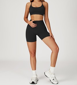 Conjunto de gimnasio sin logo: Top con tirantes, chaleco de entrenamiento, shorts fruncidos, traje deportivo halter, ropa de fitness, top corto racerback - Product Image 4
