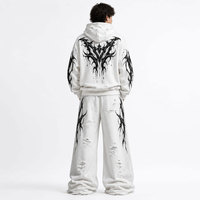 NAPA INDUSTRIES Ensemble de survêtement unisexe déchiré, coupe droite, manches longues, 100 % coton, délavé à l'acide, avec capuche, pour l'hiver, style streetwear