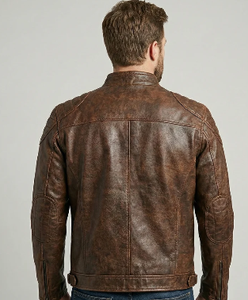 Blouson moto en cuir véritable marron pour homme, avec blocs de couleur rouge et blanc, fermeture éclair, col rabattable, respirant, style vintage automne - Product Image 2