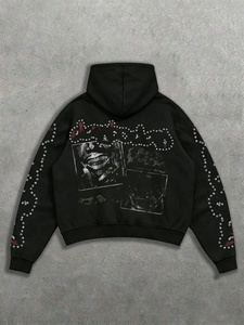 Heavyweight Black Rhinestone Embellished Zip Hoodie Oversized Cotton Blend Fleece Sweatshirt Urban Street Fashion for Men Women - Product Image 4