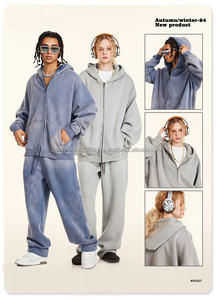 Haute qualité personnalisé unisexe fermeture éclair surdimensionné coton lourd lavé hommes polaire tissu pantalons de survêtement et sweatshirts à capucheDDP expédition - Product Image 4