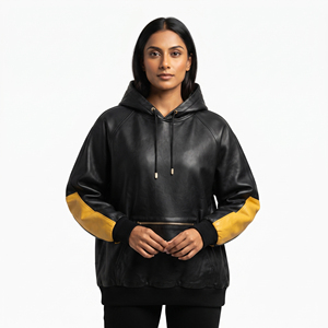 Sweat à capuche oversize en cuir pour femme, à manches longues, coupe ample, avec poche avant - Product Image 1