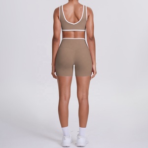 Custom 2026 Seamless 2 Piece Yoga Set Scoop Neck Crop Top High Waist Shorts Contrast Binding Solid Color Sport Wear - Product Image 2