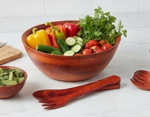 Ensemble élégant de saladiers en bois avec cuillère et fourchette de service, vaisselle ronde durable et lavable au lave-vaisselle pour un usage quotidien - Product Image 2