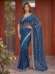 Elegante Sari de Seda Azul Marino con Borde Bordado con Cuentas y Blusa a Juego para Bodas, Sari Largo Hasta el Suelo para Mujer - Product Image 1