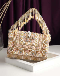 <b>Gold</b> Beaded <b>Evening</b> <b>Bag</b> Handcrafted Crystal Clutch Purse Elegant Party Tassel Top Handle - Product Image 1