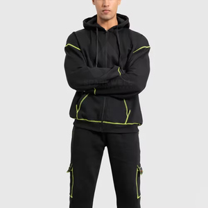 Sudadera con Capucha Negra Unisex con Costuras Verde Neón, Corte Regular, Estilo Casual Urbano, Tejido de Forro Polar, Transpirable, para Otoño - Product Image 1