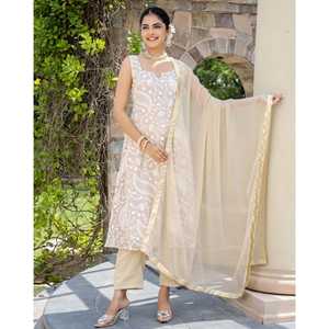 ชุดเซ็ตสูท Vaani XS สีเบจ ผ้าจอร์เจตต์ ปักลายชิกันการี สำหรับผู้หญิง ระบายอากาศได้ดี ผ้าชีฟองเก๋ไก๋ ลายพิมพ์เพสลีย์สไตล์วินเทจ ความยาวระดับข้อเท้า ชุดฤดูร้อนสไตล์ชาติพันธุ์ - Product Image 4