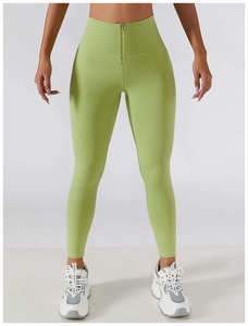 Leggings taille haute pleine longueur avec fermeture éclair avant, sans couture, en Spandex et Polyester, extensibles dans les quatre sens, couleur noire unie, pour le yoga - Product Image 6