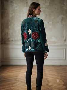 Chaqueta Suzani Verde Oscuro, Chaqueta Bordada a Mano para Mujer, Chaqueta Vintage con Bordado Suzani Indio, Chaqueta Étnica Tribal Boho - Product Image 4