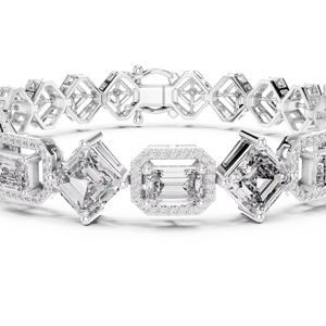 Bracelet en or blanc 18 carats, signature intemporelle, géométrique, avec diamants, bracelet en diamants radieux, bracelet de luxe à maillons de diamants multiformes - Product Image 1