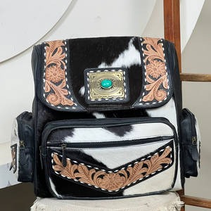 High Quality Handcrafted <b>Tooled</b> Cowhide Leather Women's <b>Backpacks</b> Stylish Turquoise stone Soft Handle Travel Luggage Bags - Product Image 3
