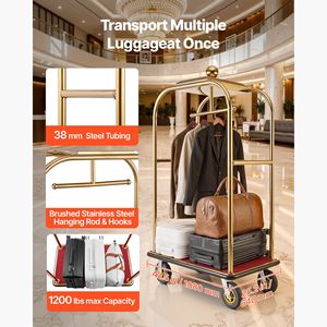 Heavy Duty Hotel <b>Luggage</b> Cart 1200 Lbs Capacity Stainless Steel Frame 8 Rubber <b>Wheels</b> Red Carpeted Deck - Product Image 2