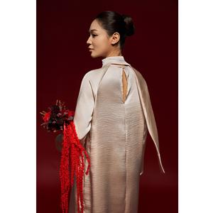 Vestidos Midi Casuales de Lujo con Cuello Alto y Manga Regular, Teñidos a Rayas, Transpirables, Elegantes y de Cintura Holgada, Mezcla de Seda - Product Image 1