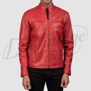Blouson de motard en cuir rouge premium pour homme, en véritable peau de mouton, coupe ajustée, col montant, fermeture éclair, style sport et mode. - Product Image 4