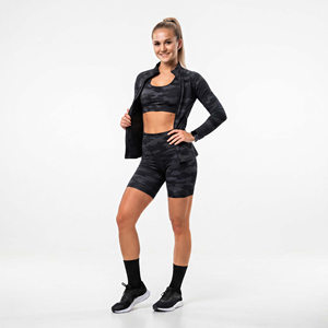 Wholesale Women 3 Piece <b>Yoga</b> Set Camouflage Athletic 3 Piece Activewear Long Sleeve Training <b>Jacket</b> Biker Compression Shorts Set - Product Image 3