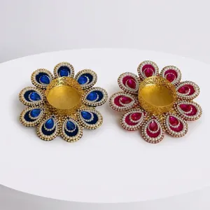 Round Tea Light Holder with Blue and <b>Pink</b> Beaded Floral Design for Wedding Home Decoration - Product Image 2