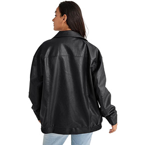 Women's <b>Black</b> PU Leather Bomber <b>Jacket</b> Full Sleeve Turn-down Collar Zipper Closure Autumn Style Windproof - Product Image 3