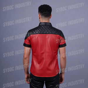 เสื้อเชิ้ตหนังแกะสีแดงดำสำหรับผู้ชาย แขนสั้น ตกแต่งผ้าแบบควิลท์ที่ไหล่ แผงตัดต่อสีตัดกัน ติดกระดุมแป๊ก สไตล์ลำลองสำหรับงานปาร์ตี้ - Product Image 2