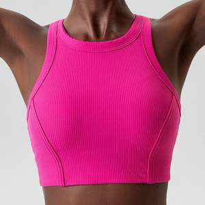 Top corto acanalado sin mangas para mujer, con fruncido lateral y cuello redondo, camiseta básica ajustada para yoga, venta al por mayor personalizada - Product Image 4