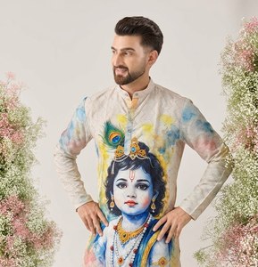 Veste d'extérieur ethnique pour homme en coton, imprimée numériquement, à sequins, en crochet épais, coupe droite, col rabattu, logo frontal, pour mariage et Diwali - Product Image 2