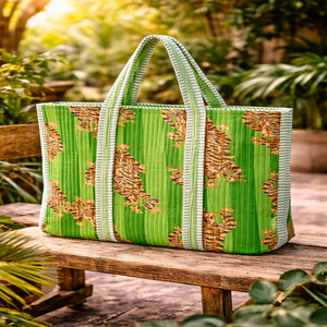 กระเป๋าโท้ทลายเสือสีเขียว ทนทาน น้ำหนักเบา มีซิป ความจุเยอะ ใช้ซ้ำได้ เป็นมิตรกับสิ่งแวดล้อม กระเป๋าสะพายไหล่สำหรับผู้หญิง ขายส่ง - Product Image 1