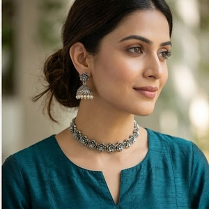 Floral <b>Choker</b> Necklace Jhumka Earrings Set Tibetan <b>Silver</b> Antique Finish Zircon Adjustable Length for Women's Wedding Party - Product Image 4
