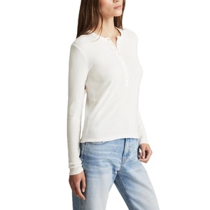 Camiseta de Mujer, Cuello Redondo, Manga Larga, Corte Ajustado, Color Sólido, Tejido de Punto, 180g, Informal, Verano, Transpirable, con Botones, 100% Algodón, Alta Calidad - Product Image 6