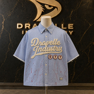 Camisa Y2K con Apliques de Chenilla a Rayas Azules, Personalizada, para Hombre, Estilo Oversize, Corte Cuadrado, con Botones, Manga Corta, Estilo Urbano Retro, 240g Algodón - Product Image 1