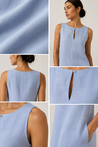 Vestido Mini Casual de Algodón al por Mayor - Vestidos sin Mangas Sencillos, Lisos, Naturales, con Abertura en la Espalda, Elegantes, Azul Claro, Artículos para Vacaciones de Verano - Product Image 5