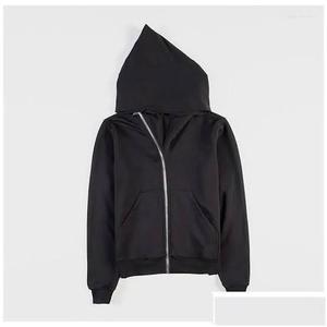 Sweat à capuche ample rétro streetwear de haute qualité, style chapeau de sorcier, fermeture éclair diagonale, pour hommes et femmes, 100% coton tissé uni, automne - Product Image 1