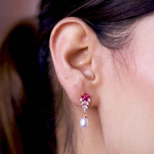 Luxury Ruby <b>Red</b> Stone Pearl Drop Rhodium Plated 925 Sterling Silver Dangle <b>Earrings</b> for Women Wedding Bridal Party Wear Jewelry - Product Image 4