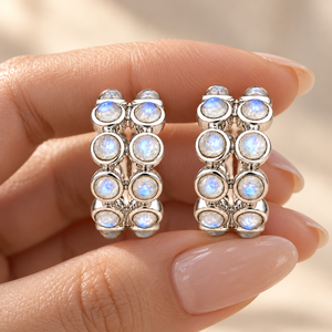 Boucles d'oreilles en argent sterling 925 avec pierre de lune arc-en-ciel – Bijoux demi-cerceau à double rangée de cabochons - Product Image 4