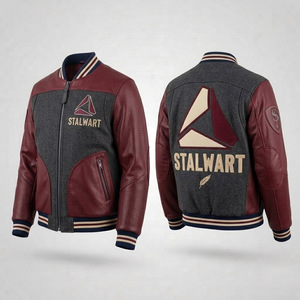 STALWART IMPEX Unisex Varsity Jacket Maroon Gray Wool Embroidered Logo Casual Winter Style Stand Collar <b>Covered</b> <b>Button</b> Closure - Product Image 2