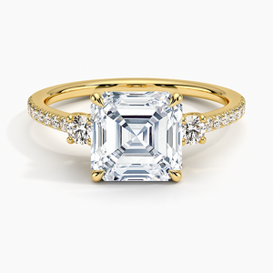 Bague de fiançailles en or jaune avec diamant taille Asscher, design trois pierres, diamant de laboratoire certifié IGI, bague de mariage pour femme - Product Image 1