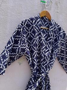 Bata Kimono de Algodón para Mujer, Azul con Estampado de Bloques, Hecha a Mano, Estilo Boho, para Descansar, Dormir o Regalo - Product Image 4