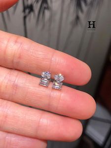 <b>Emerald</b> and Oval Cut Lab Grown Diamond Two Stone <b>Stud</b> Earrings 14K White Gold Stacked Multi Cut Earrings - Product Image 4
