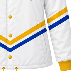 <b>White</b> Womens Varsity Jacket Gold Collar Greek Letter Snap <b>Button</b> Front Gold Blue Striped Long Sleeve Collegiate Outerwear Design - Product Image 4
